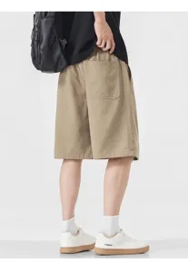 Men's summer casual loose fit straight shorts in solid khaki color for daily wear.