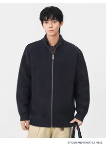 Heren gebreid cardigan detail, geribbelde kraag en ritssluiting, casual herfststijl.