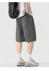 Men's casual loose linen tencel blend 5-inch shorts in dark gray, comfortable summer wear.