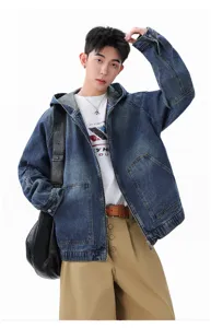Veste en jean ample à capuche vintage pour hommes, manteau rétro décontracté streetwear.