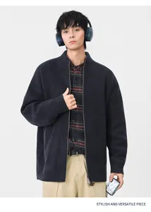 Heren retro gebreide cardigan trui, casual stijlvolle buitenkleding met ritssluiting.