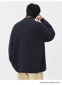 Stijlvolle heren donkergrijs gebreid vest pullover retro losse mode achterkant detail