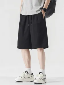 Men Casual Lyocell Cotton Shorts Loose Fit Straight Leg Solid Color Drawstring Waist Lightweight Breathable Summer Athletic Short Pants For Teens