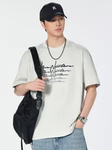 T-shirt estiva da uomo a maniche corte retrò ricamata top casual largo grigio chiaro