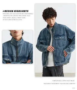 Vue détaillée d'une veste de travail en jean vintage pour homme avec col montant et poches.