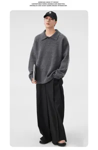 Men women gray polo collar sweater loose fit casual knitwear vintage style top for daily wear