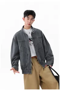 Veste en jean lavée vintage pour homme streetwear décontractée en coton style détails