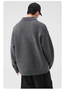 Men women loose lapel knit sweater grey polo pullover detail view casual chic style.