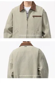 Veste de travail vintage en toile pour homme avec col en velours côtelé et poche détail.