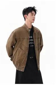 Veste de travail rétro pour homme en coton patchwork, blouson marron automne.