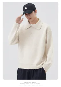 Men casual loose polo collar knit sweater, comfortable vintage solid color pullover top.