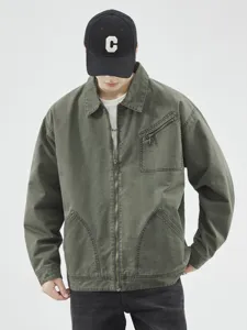 Veste en Toile Lavée Lourde Américaine Vintage pour Hommes Coupe Large Patchwork avec Fermeture Éclair Multi Poches en Coton Workwear Utility