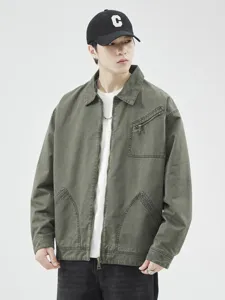 Veste décontractée vintage lavée pour hommes, vêtement d'extérieur ample avec fermeture éclair.