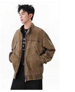 Veste en denim marron rétro pour hommes en coton col montant avec poches utilitaire