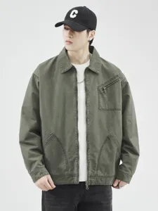 Veste de travail en toile lavée rétro pour homme avec poches zippées, manteau décontracté.