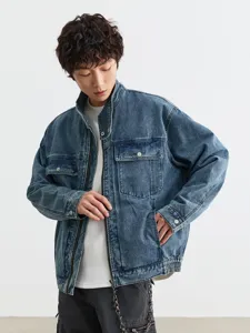 Veste en jean vintage homme, style rétro américain workwear, vêtement d'automne casual.