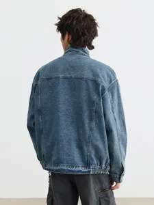 Veste en denim rétro américaine pour hommes, style workwear cleanfit automne, délavé bleu.