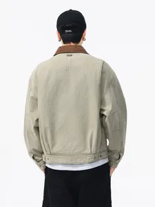 Veste de travail en toile vintage pour homme avec col en velours côtelé, rétro chic.