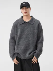 Classic grey polo sweater for men and women, loose fit knitwear with lapel collar for daily wear.