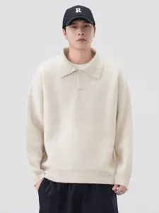 Classic mens polo collar knit sweater, loose fit casual long sleeve pullover, beige.