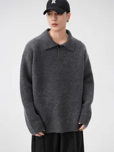 Men's dark grey knit polo sweater, loose lazy style long sleeve pullover for autumn.