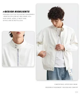 Heren vintage opstaande kraag bomberjack casual streetwear witte jas met ritssluiting