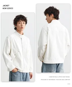 Amerikaanse retro bomber jack met opstaande kraag, casual streetwear bovenkleding voor iedereen.