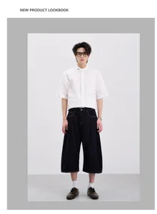 Men's cleanfit short sleeve shirt and dark denim bow capri pants set for daily streetwear fashion.