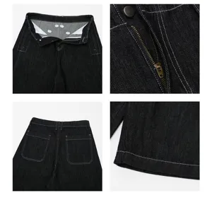 Dettaglio di pantaloncini in denim scuro con cuciture a contrasto, patta e tasche posteriori.