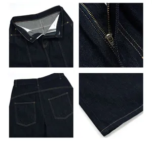 Close-up details of dark raw denim jeans featuring metal zipper, back pockets and neat stitching.