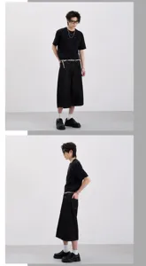 Detailed view of black denim capri pants for men, loose fit wide leg style daily outfit.