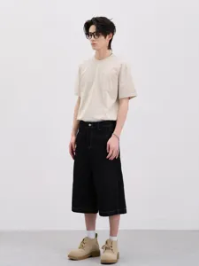 Pantaloni Cropped in Denim Nero Grezzo Lavato Retro Americano per Uomo High Street Jeans in Cotone Larghi Casual
