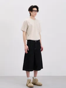 Uomo vintage denim lavato gamba larga 3/4 pantaloncini e tasca t-shirt set vista principale