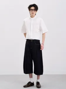 Men Casual Cotton Washed Denim Crop Pants Straight Leg Curved Cut Mid Rise Wide Leg Jeans For Teens American High Street