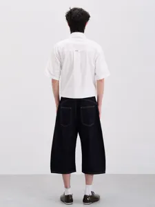 Men's cleanfit short sleeve white shirt and dark denim cropped wide leg pants casual set