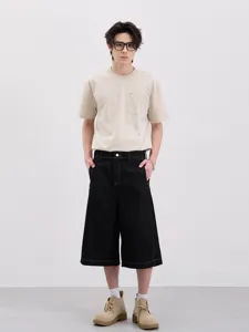 Pantaloncini di jeans retro americani da uomo gamba larga stile streetwear casual.