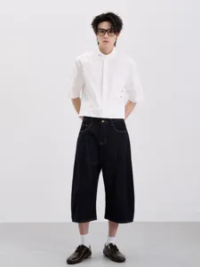 Men's cleanfit cropped denim wide-leg pants and short sleeve shirt outfit casual style