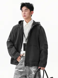 Veste en Denim de Coton Vintage Effet Usé pour Hommes Coupe Ample À Capuche Veste de Travail Rétro Délavée Style High Street