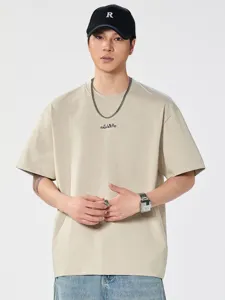 Ανδρικό casual φαρδύ μπεζ κοντομάνικο t-shirt, ιαπωνικό στιλ minimal crewneck top.