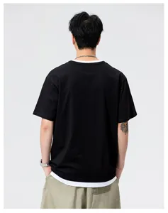 Men casual fake two piece short sleeve t-shirt loose black tee summer streetwear top