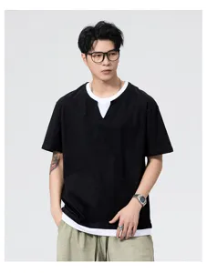 Casual loose fake two-piece short sleeve T-shirt detail view, comfortable summer wear.