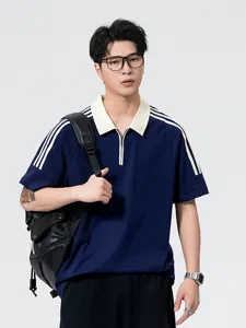 Amerikanischer College-Stil Herren Kurzarm Polohemd lässig gestreiftes T-Shirt loose