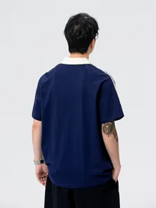 Herren Kurzarm Polohemd Amerikanischer College Stil mit Kontraststreifen Freizeit Top