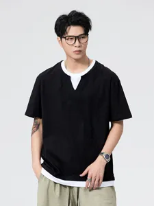 Unisex Casual Fake Two-Piece Short Sleeve Polo Shirt Loose Cotton T-Shirt Summer Layered Top Comfortable Fashion Streetwear