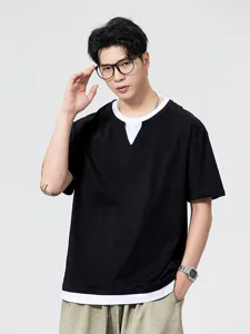 Men's fake two piece loose short sleeve T shirt casual summer basic top comfortable apparel