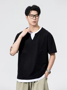 Unisex fake two-piece short sleeve loose casual polo T-shirt for comfortable summer wear.