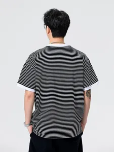 Heren zwart wit gestreept t-shirt korte mouw casual losse Japanse stijl zomer top