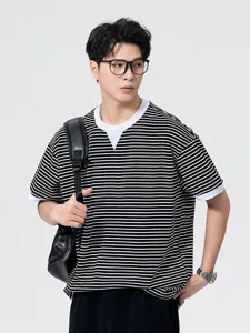 Heren zwart wit gestreept T-shirt met korte mouwen, casual Japanse stijl oversized top.