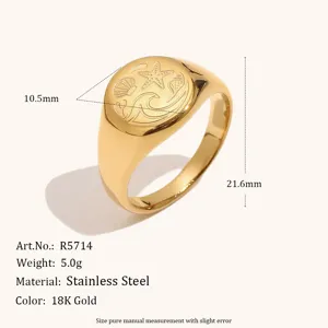 Anillo sello de acero inoxidable chapado en oro de 18K con diseño grabado de olas marinas.
