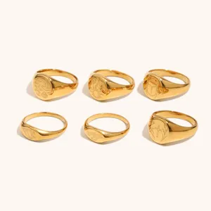 Anillo de Sello de Acero Inoxidable Estilo Oceánico para Mujer Chapado en Oro de 18K Patrón de Caracol y Ola Grabado